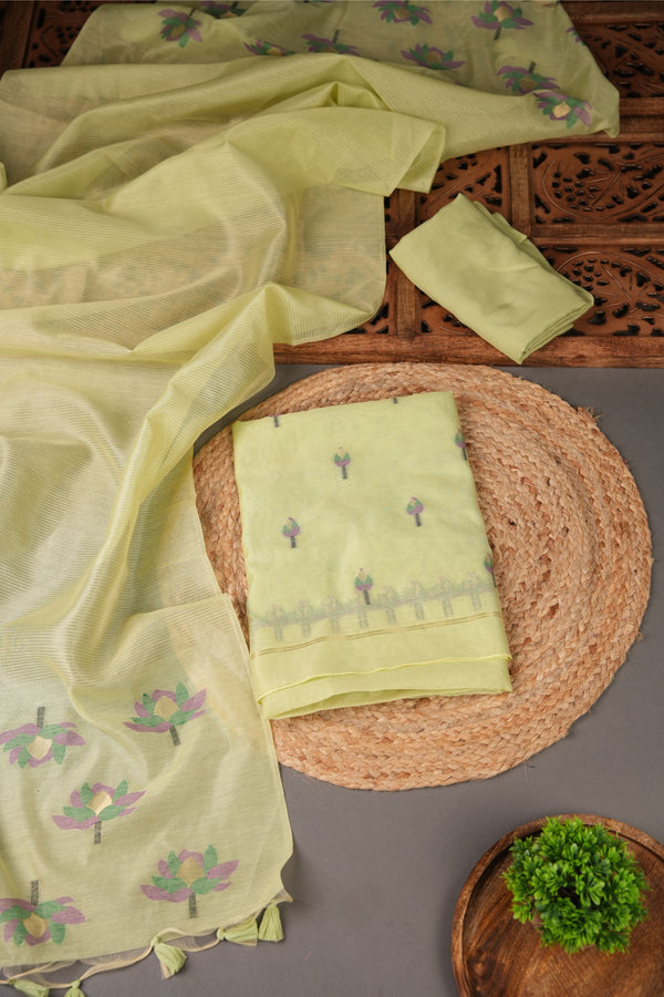 A Freakin Lotus Pista Green Jamdani Muga Silk Unstitched Suit Set